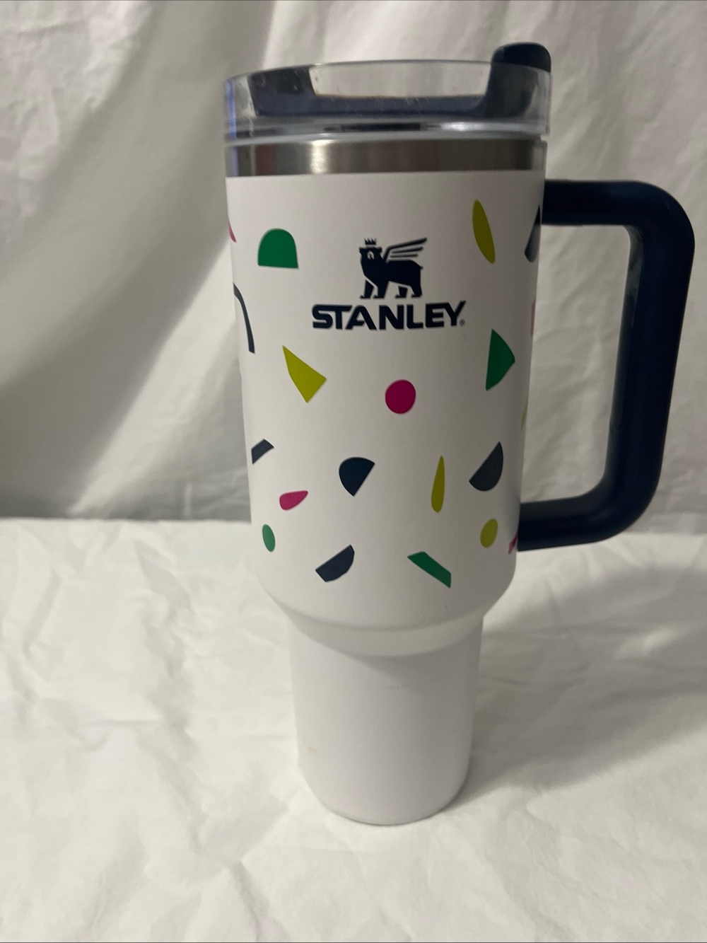 Stanley White Travel Mug with Navy Handle and Colorful Confetti